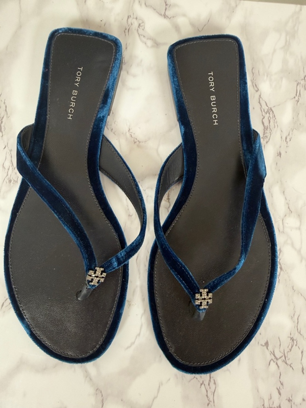 Tory Burch Blue Velvet Thong Sandals with Logo Accent - Picture 3 of 9